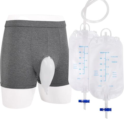 جهاز تجميع البول يمكن ارتداؤه للرجال مع سراويل تثبيت قطنية كبيرة وطويلة - حقيبة جمع البول للرجال قابلة للحمل مع كيسين للبول (500 مل)، أنبوب 1.2 متر وسروال قابل للتعديل للمرضى طريح الفراش (حجم كبير) in Kuwait