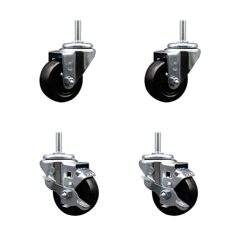 Hard Rubber Swivel Threaded Stem Caster Set of 4 w/3" x 1.25" Black Wheels and 5/8" Stems - Includes 2 with Top Locking Brake - 1,100 lbs Total Capacity - Service Caster Brand in Saudi Arabia