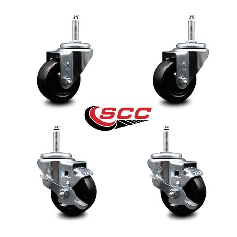 Hard Rubber Swivel Threaded Stem Caster Set of 4 w/3" x 1.25" Black Wheels and 5/8" Stems - Includes 2 with Top Locking Brake - 1,100 lbs Total Capacity - Service Caster Brand in Saudi Arabia
