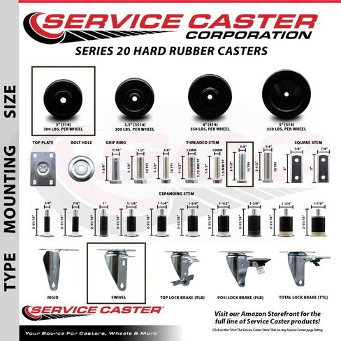 Hard Rubber Swivel Threaded Stem Caster Set of 4 w/3" x 1.25" Black Wheels and 5/8" Stems - Includes 2 with Top Locking Brake - 1,100 lbs Total Capacity - Service Caster Brand in Saudi Arabia