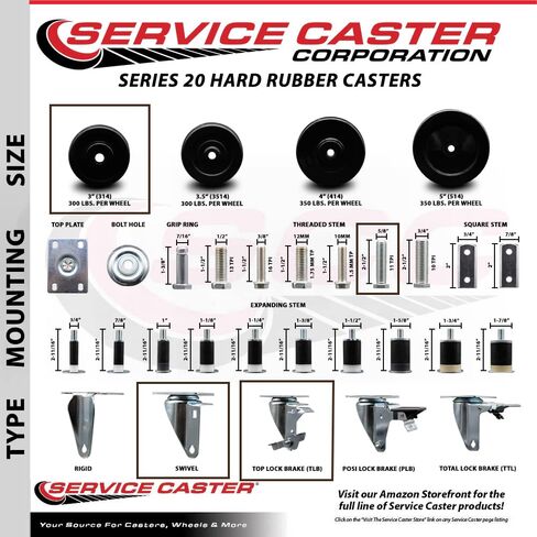 Hard Rubber Swivel Threaded Stem Caster Set of 4 w/3" x 1.25" Black Wheels and 5/8" Stems - Includes 2 with Top Locking Brake - 1,100 lbs Total Capacity - Service Caster Brand in Saudi Arabia