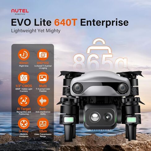 Autel Robotics EVO Lite 640T Enterprise، 640 * 512 30 هرتز T~hermal & 1/2 بوصة CMOS 48MP C-amera، التعرف على أهداف الذكاء الاصطناعي، 40 دقيقة، ناقل حركة 12 كيلومتر، يدعم معرف جهاز التحكم عن بعد in Saudi Arabia