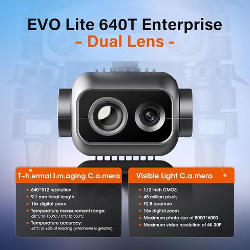 Autel Robotics EVO Lite 640T Enterprise، 640 * 512 30 هرتز T~hermal & 1/2 بوصة CMOS 48MP C-amera، التعرف على أهداف الذكاء الاصطناعي، 40 دقيقة، ناقل حركة 12 كيلومتر، يدعم معرف جهاز التحكم عن بعد in Saudi Arabia
