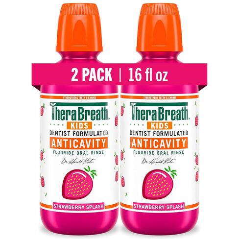 TheraBreath Kids Mouthwash with Fluoride, Organic Strawberry Splash, Anticavity, 16 fl oz, 2 Pack in Kuwait