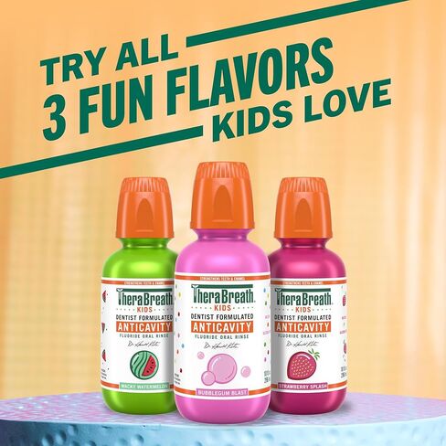 TheraBreath Kids Mouthwash with Fluoride, Organic Strawberry Splash, Anticavity, 16 fl oz, 2 Pack in Kuwait