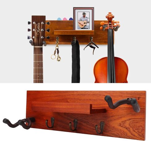 حامل شماعات على الحائط للجيتار، رف خشبي 4 في 1 متعدد الوظائف، حامل جداري للجيتار الخشبي مع إطار حديدي ومنصات سيليكون، للقيثارات الصوتية والكلاسيكية، in Kuwait