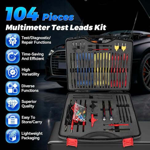 Autory 104PCS Automotive Circuit Test Leads Kit, Multimeter Terminal Test Leads Kit Multi Function Probe Test Kit with Heavy Duty Back Probes Test Lead Set Wire Connectors Set with Black Carrying Case in Kuwait