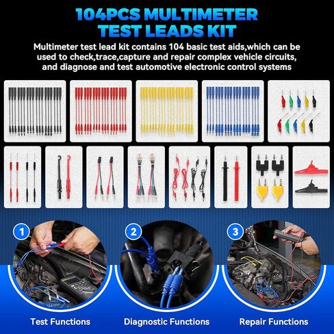 Autory 104PCS Automotive Circuit Test Leads Kit, Multimeter Terminal Test Leads Kit Multi Function Probe Test Kit with Heavy Duty Back Probes Test Lead Set Wire Connectors Set with Black Carrying Case in Kuwait