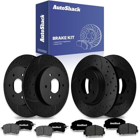استبدال مجموعة فرامل Autoshack لعام 2017-2019 Nissan Armada 5.6L V8 AWD RWD الخلفية الأمامية المحفورة والقطط المغطى بالقرص الإلكترونية منصات الفرامل السيراميك BRK030645359 in Kuwait