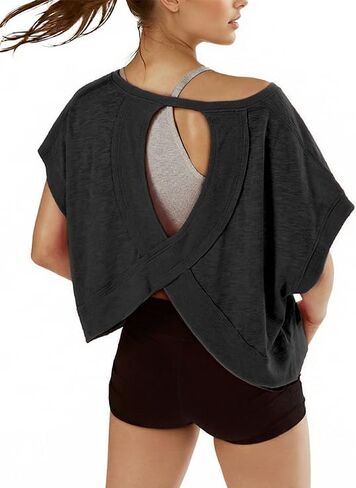 denking Workout Tops for Women: Women Open Back Workout Shirts Short Sleeve Tops Casual Yoga Summer Athletic Gym Running Crop in Saudi Arabia