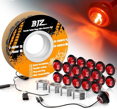 BJZ 20Pcs Amber 3/4'' Trailer LED Marker Side Clearance Tail Round Lights w/Connector Plug + 20Pcs 3/4" Round Stainless Steel Trim Ring Bezels + 20 Counts 2-PIN Female Bullet Plug Wire Harness Roll in Kuwait