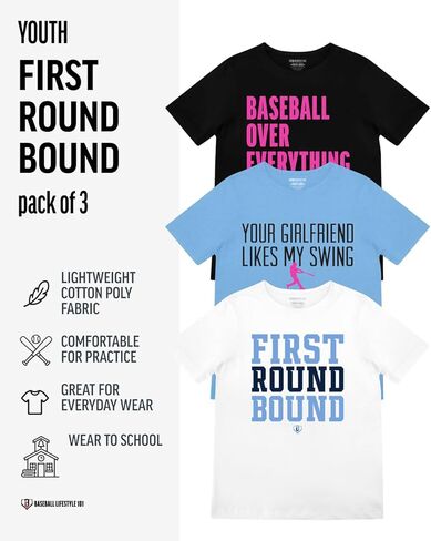 مجموعة تي شيرت شبابي من Baseball Lifestyle 101 First Round Bound للأولاد بمقاسات شبابية S-XL in Kuwait