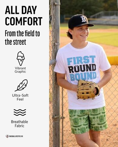 مجموعة تي شيرت شبابي من Baseball Lifestyle 101 First Round Bound للأولاد بمقاسات شبابية S-XL in Kuwait