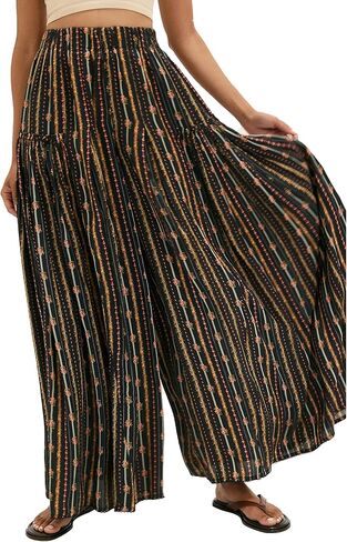 سراويل نسائية واسعة الساق سراويل طويلة غير رسمية بخصر مطاطي عالي ومطبوعة للشاطئ بوهو واليوجا (Black2-M02) in Kuwait