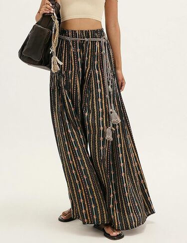 سراويل نسائية واسعة الساق سراويل طويلة غير رسمية بخصر مطاطي عالي ومطبوعة للشاطئ بوهو واليوجا (Black2-M02) in Kuwait