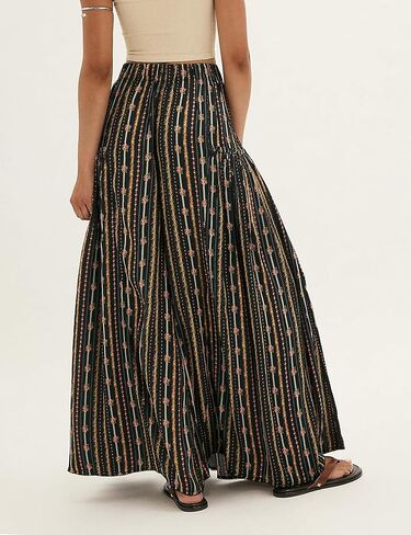 سراويل نسائية واسعة الساق سراويل طويلة غير رسمية بخصر مطاطي عالي ومطبوعة للشاطئ بوهو واليوجا (Black2-M02) in Kuwait