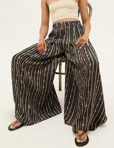 سراويل نسائية واسعة الساق سراويل طويلة غير رسمية بخصر مطاطي عالي ومطبوعة للشاطئ بوهو واليوجا (Black2-M02) in Kuwait