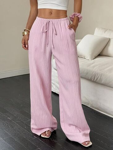 Summer Women's Casual Pants Loose Fit Beach Pants High Waist Drawstring Wide Leg Trousers Pockets in Saudi Arabia