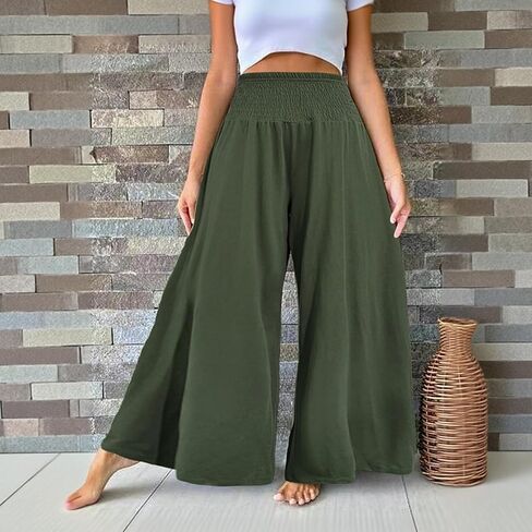 Women's Solid Olive Green Wide Leg Pants, Casual Smocked Waist Palazzo Pants in Saudi Arabia