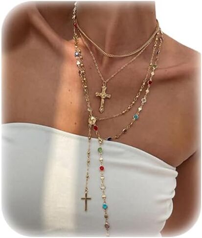 Crystal Bead Necklace for Women Cross Pendant Clavicle Necklace Summer Long Tassel Chest Chain Jewelry Layered Rhinestone Neck Chain in Saudi Arabia