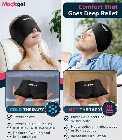 Magic Gel Migraine Relief Cap, 180° Cooling Gel Headache Relief Cap for Migraines, Ice Cap for Head, Mask & Cold Compress Head Wrap for Migraine, Hangover, Stress & Sinus Headache Relief (Black) in Kuwait
