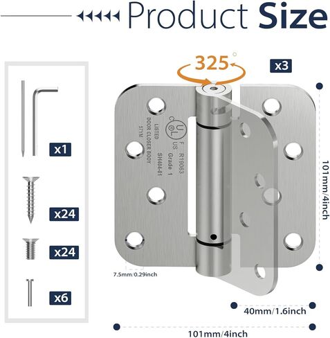 3-Pack Self Closing Door Hinges, 4 Inch Spring Loaded Door Hinges, Adjustable Tension for Exterior,Garage, Front Back Door,Left Right Hand Door, 5/8'' Radius Corners,UL Listed,Brushed Nickel in Saudi Arabia