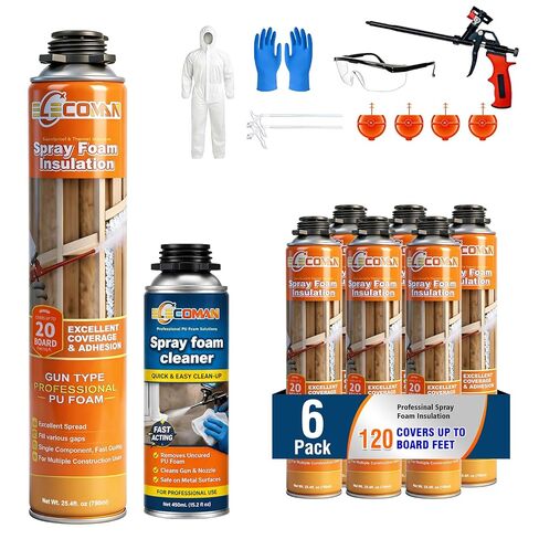 مجموعة العزل الرغوي لخلية مغلقة 120 قدم مربع، رغوة رذاذ ممتدة من مادة البولي يوريثين عالية الكثافة للجدران والعلية، مجموعة رذاذ رغوية واسعة سهلة الاستخدام مع مسدس ومنظف ومعدات أمان - 6 عبوات in Kuwait