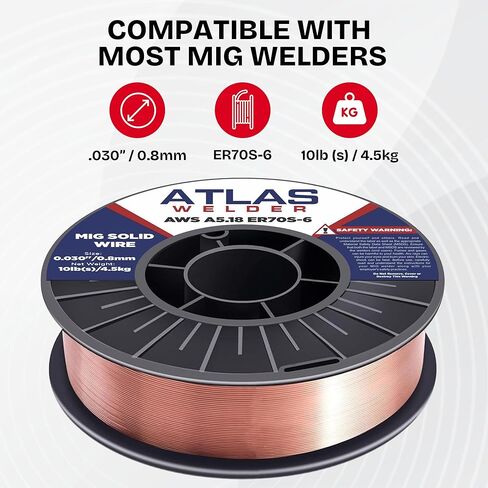 سلك لحام MIG صلب من ATLASWELDER، ER70S-6.030 بوصة 10 رطل مع ترشيش منخفض ومستويات عالية من مزيلات الأكسدة لجميع مواضع لحام الغاز in Kuwait