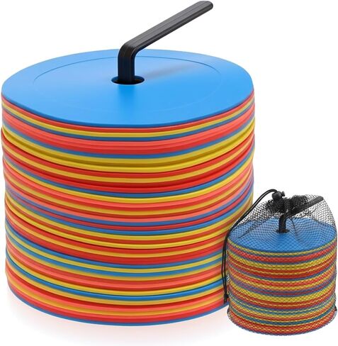 48 قطعة من أقراص التحديد المسطحة المخروطية الشكل مع حامل وحقيبة حمل - 4 ألوان (أحمر، برتقالي، أصفر، أزرق) للتدريب الرياضي، التدريبات الميدانية، تمارين الرشاقة - بلاستيك TPE متين، قطر 6 بوصات in Kuwait