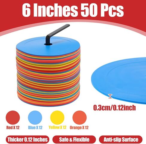 48 قطعة من أقراص التحديد المسطحة المخروطية الشكل مع حامل وحقيبة حمل - 4 ألوان (أحمر، برتقالي، أصفر، أزرق) للتدريب الرياضي، التدريبات الميدانية، تمارين الرشاقة - بلاستيك TPE متين، قطر 6 بوصات in Kuwait
