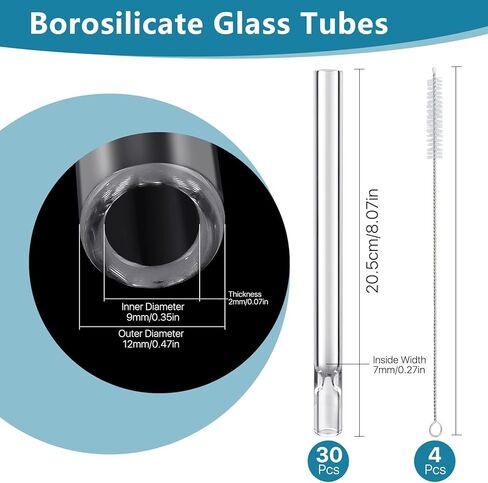 30 Pcs 8 Inch Borosilicate Glass Pipe, 12mm OD, 7mm ID, 2mm Thick Wall, High Heat Glass Blowing Tubes with 4 pcs Cleaning Brushes, for Blowing, Lampworking, Industrial Use in Saudi Arabia