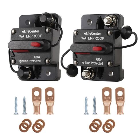 مقاوم للماء 60 أمبير صندوق قاطع الدائرة DC 12V-48V حامي الطاقة لمحركات التصيد والروافع والمركبات والقوارب البحرية نظام البطارية الشمسية الصوتية مع إعادة الضبط اليدوي in Kuwait