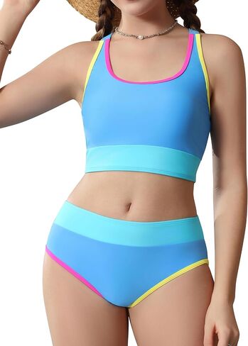 Teen Girls Swimsuit Two Piece Color Block Bikini Sets Adjustable Straps Bathing Suit with Chest Pad Swimwear 9-16Y in Saudi Arabia