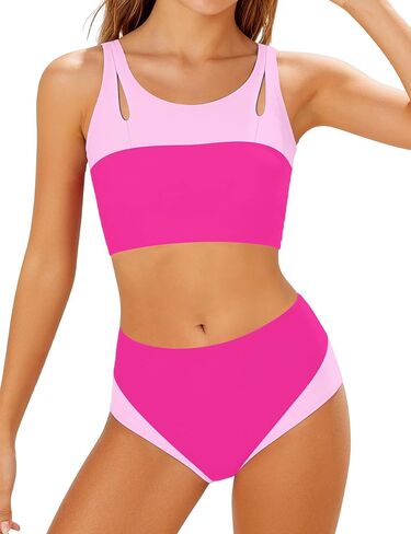 Teen Girls Swimsuits Color Block Bikini Set Bathing Suits Round Neck 2 Piece Swimwear for Beach Pool in Kuwait