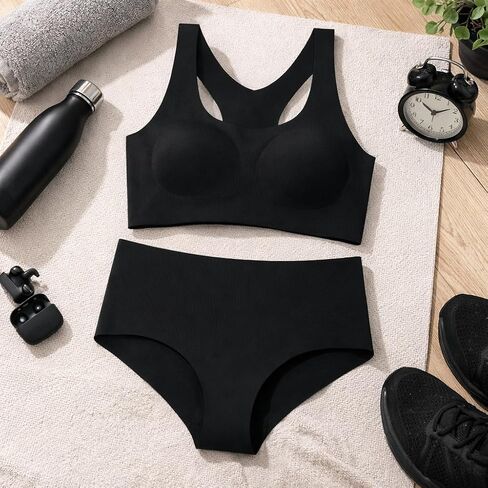 طقم ملابس داخلية نسائية رياضية لاسلكية بدون خياطة ومجموعة ملابس داخلية مريحة بظهر Racerback ناعمة قابلة للتمدد وقابلة للتنفس وخصر عالي in Saudi Arabia
