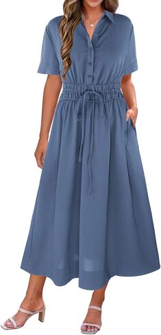 ECOWISH Womens Midi Dress Summer Spring Short Sleeve Button Front Casual A Line Maxi Shirt Dresses with V Neck Pockets 2025 in Saudi Arabia