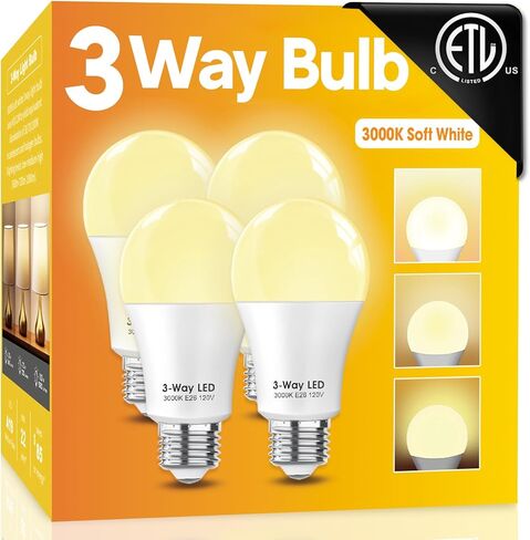 Gonhom ETL مدرج في 3 مصابيح LED 4 عبوات، أبيض ناعم 3000K 30 70 100 واط يعادل، A19 مصابيح كهربائية ثلاثية الاتجاهات، E26 قاعدة 3 مصابيح للقراءة، غرفة نوم in Kuwait