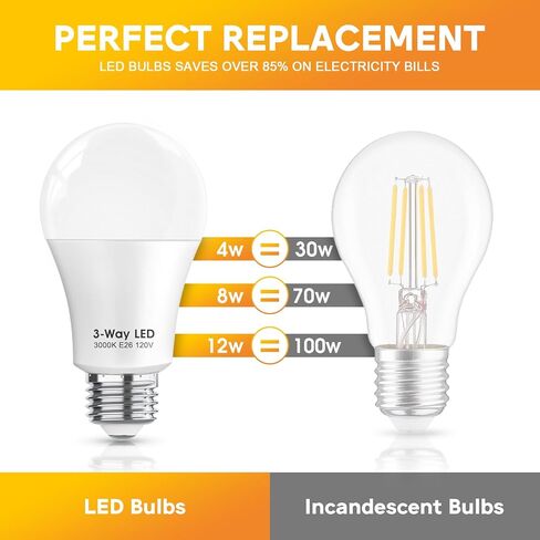 Gonhom ETL مدرج في 3 مصابيح LED 4 عبوات، أبيض ناعم 3000K 30 70 100 واط يعادل، A19 مصابيح كهربائية ثلاثية الاتجاهات، E26 قاعدة 3 مصابيح للقراءة، غرفة نوم in Kuwait