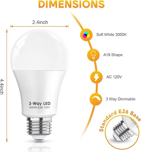 Gonhom ETL مدرج في 3 مصابيح LED 4 عبوات، أبيض ناعم 3000K 30 70 100 واط يعادل، A19 مصابيح كهربائية ثلاثية الاتجاهات، E26 قاعدة 3 مصابيح للقراءة، غرفة نوم in Kuwait