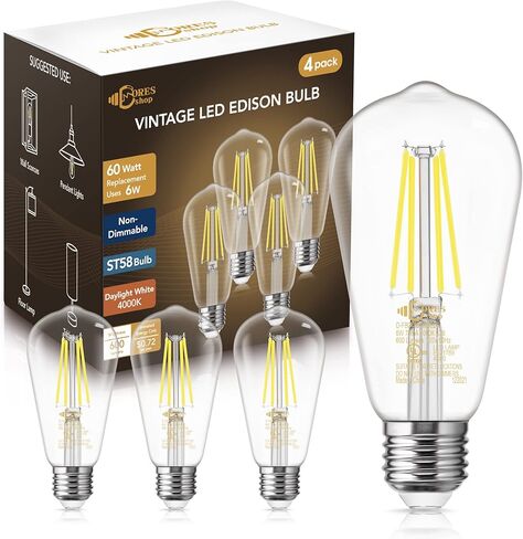 4 عبوات من مصابيح إديسون LED، مصابيح إضاءة إديسون 4 وات، مصابيح خيوط LED عتيقة تعادل 40 وات، قاعدة E26، لمبة T45 LED مع زجاج شفاف، أبيض دافئ 2700 ك، غير قابل للتعتيم، رائع للمنزل وغرفة النوم والمكتب in Kuwait