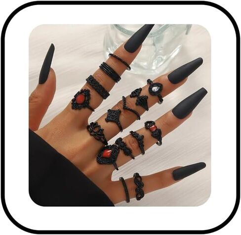 15PCS Vintage Knuckle Rings Set Gold Silver Bohemian Carved Flowers Ring Set Vintage Stackable Crystal Ring Gothic Black Statement Ring Boho Style Jewelry in Saudi Arabia