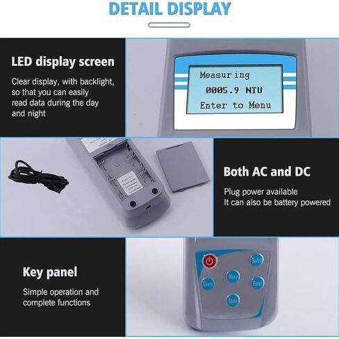 مقياس تعكر المياه الرقمي، كاشف التعكر المحمول، مجموعة أدوات قياس التعكر مع شاشة رقمية بإضاءة خلفية وحقيبة تخزين، نطاق قياس 0-1000NTU ومعايرة 2 إلى 7 نقاط، للمختبر والنبات in Kuwait