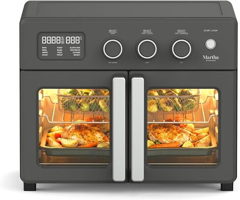 Martha Stewart French Door Air Fryer Toaster Oven Combo, 34QT Countertop Convection, 12-in-1, Bake, Broil, Roast, Fits 12" Pizza, Dehydrate, 5 Accessories, Air Fry Basket, Stainless Steel, Caviar Gray in Saudi Arabia