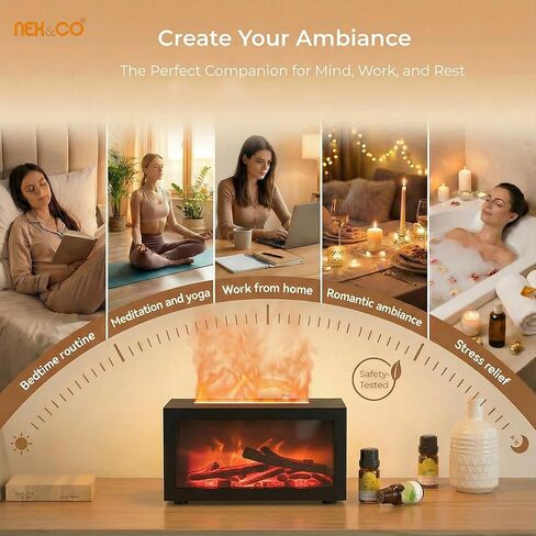 نيكس اند كو، موزع روائح مدفأة اللهب الملون للزيوت العطرية، موزع زيوت عطرية صغيرة مع تأثير ديناميكي ثلاثي الأبعاد، 7 ألوان متغيرة، إيقاف تلقائي، مؤقت 3 ساعات للمنزل، اليوغا وتخفيف القلق in Kuwait