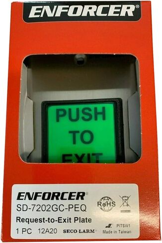 لوحة حائط Seco-Larm SD-7202GC-PEQ ENFORCER LED مضيئة RTE أحادية العصاة مع زر أخضر كبير، زر ضغط مضيء كبير مع تسمية توضيحية تقول "PUSH TO EXIT"، زر ضغط مصنف 10 أمبير عند 125 إلى 250 فولت تيار متردد in Saudi Arabia