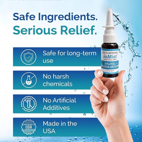 Iotech International ioMist Xylitol Saline Spray الأنف مع اليود الجزيئي - شطف الأنف الطبيعي وتخفيف الاحتقان للبالغين والأطفال 6+ - تطهير الجيوب الأنفية الخالي من المخدرات ودعم الحساسية - 1 أونصة سائلة in Kuwait