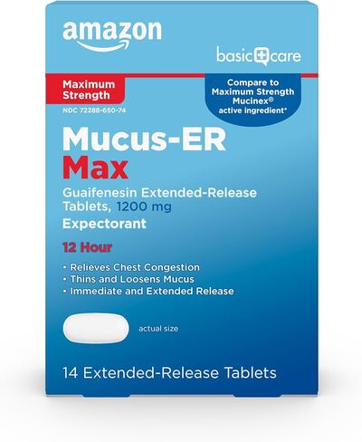 Amazon Basic Care Maximum Strength Chest Congestion and Mucus Relief, Guaifenesin Extended-Release Tablets, 1200 mg 14 Count 1 Pack in Saudi Arabia