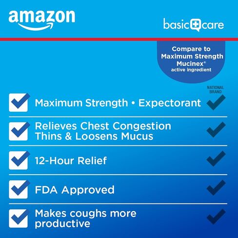Amazon Basic Care Maximum Strength Chest Congestion and Mucus Relief, Guaifenesin Extended-Release Tablets, 1200 mg 14 Count 1 Pack in Saudi Arabia