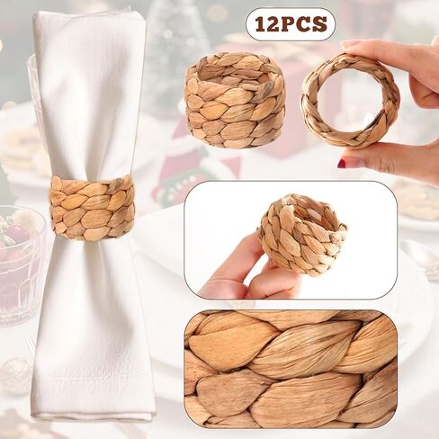 Yolyoo Woven Napkin Rings Set of 12 Water Hyacinth Napkin Rings Natural Rattan Napkin Ring for Thanksgiving Christmas Boho Wedding Farmhouse Dining Table Decor in Saudi Arabia