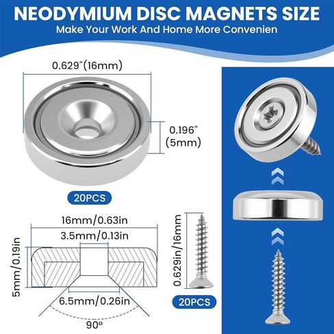 20 قطعة من مغناطيسات أقراص النيوديميوم مع فتحات، مغناطيسات أرضية نادرة قوية بوزن 18 رطلاً مع براغي لتعليق المطبخ، وتخزين الأدوات، والتركيب على الحائط (0.63 × 0.19 بوصة) in Kuwait